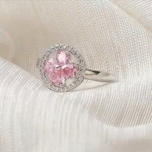 S925 Silver Floral Ring 20 Moissanite Stones 4 Pink Gemstones, Size 6